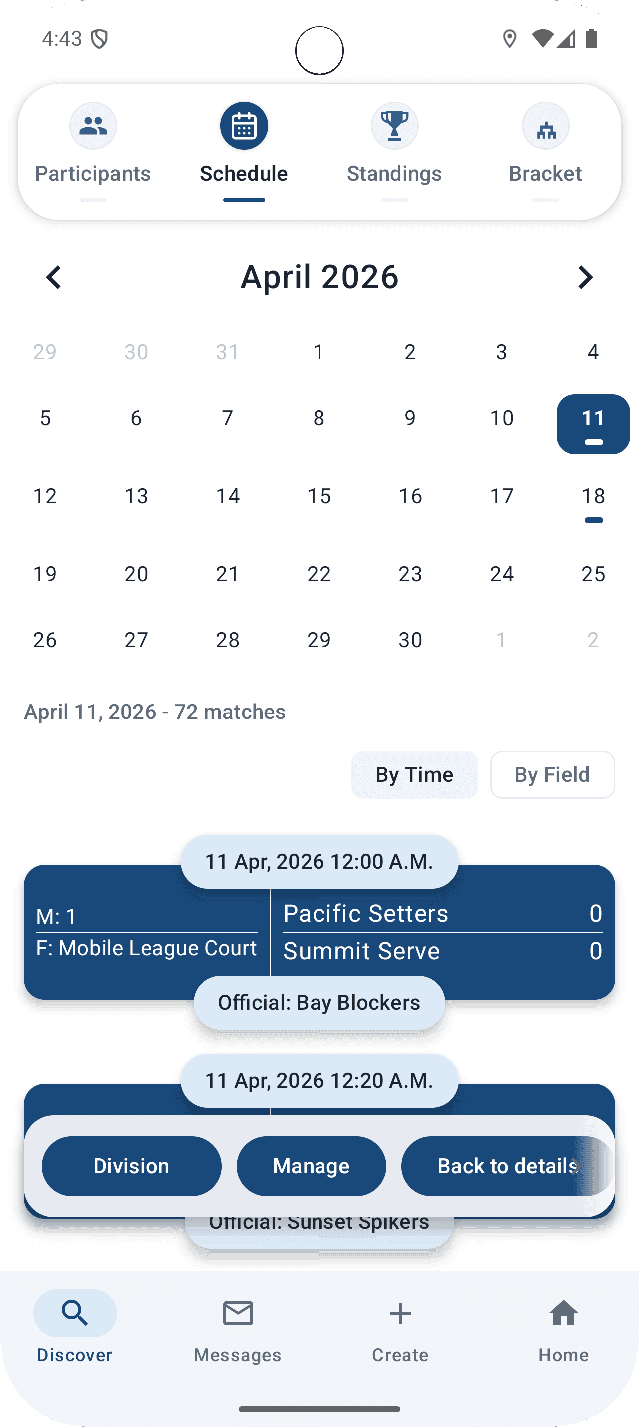 BracketIQ mobile schedule screenshot